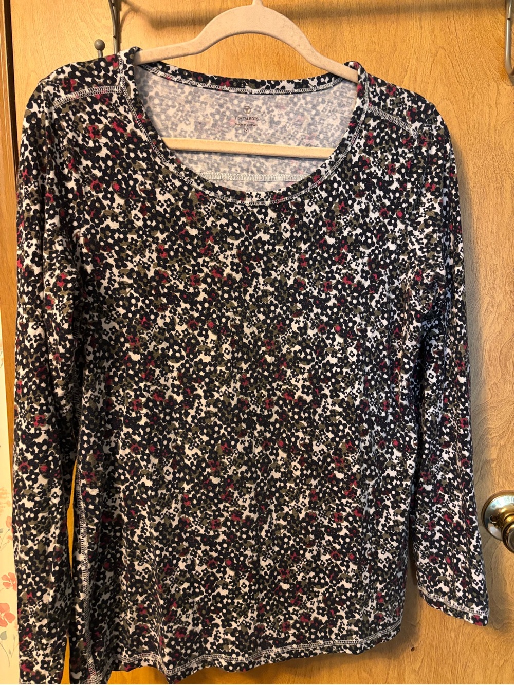 Talbots Black Floral Long Sleeve Scoop Neck Top with Pink Accents